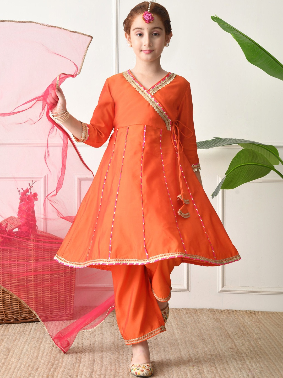 Indi-Loom Couture Girls Dyed Angrakha Gotta Patti Kurta with Patiala & With Dupatta