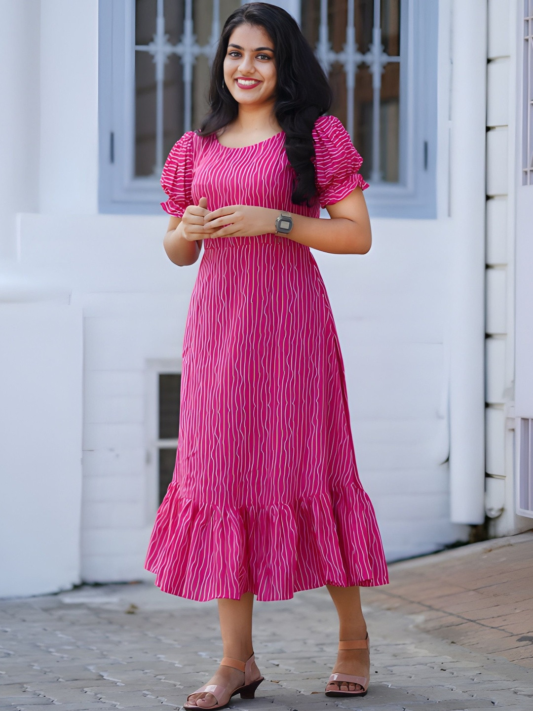 LAZZLY Striped Puff Sleeve Georgette A-Line Midi Dress