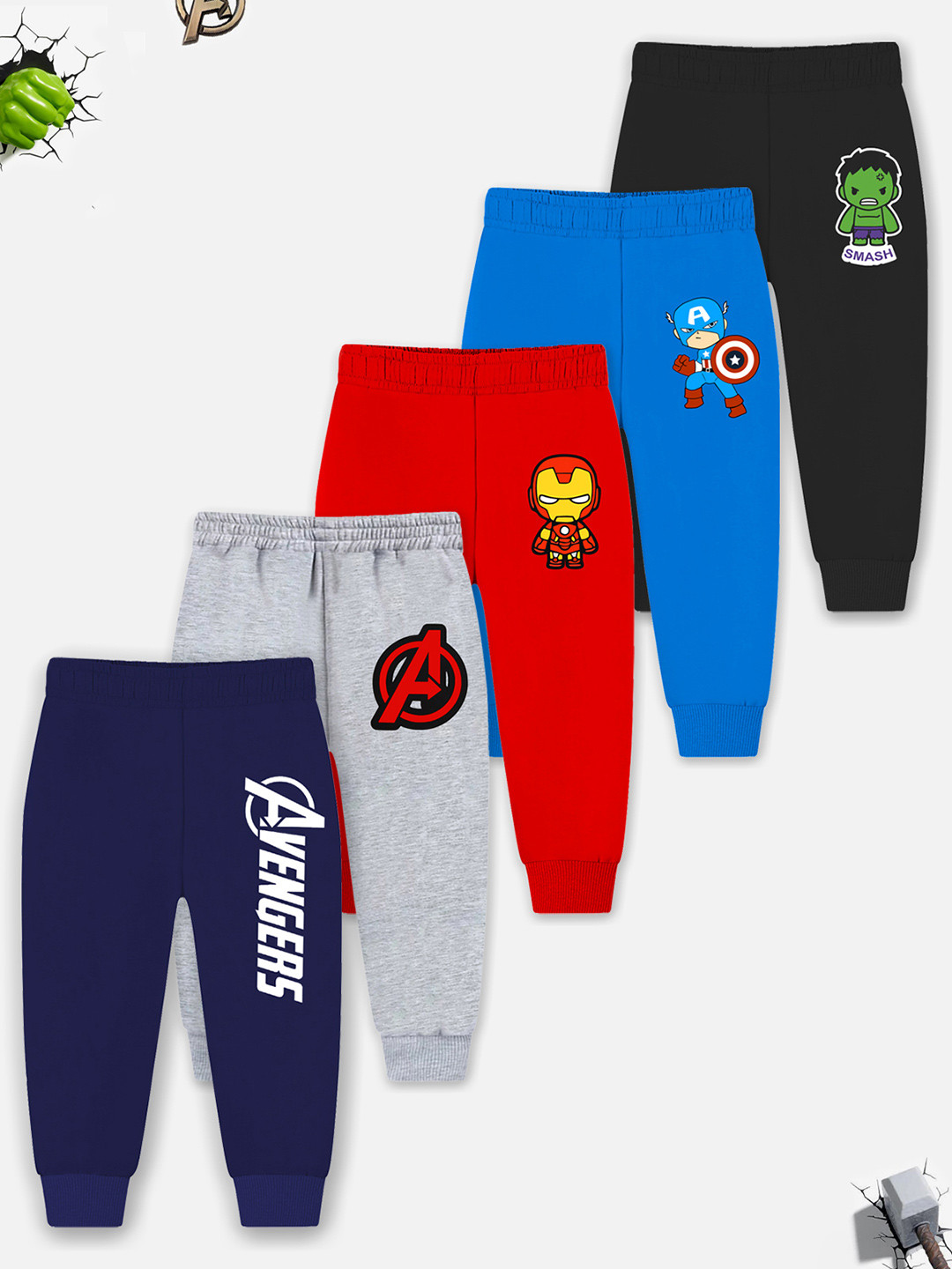 YK Marvel Infant Boys Pack Of 5 Printed Cotton Mid-Rise Joggers