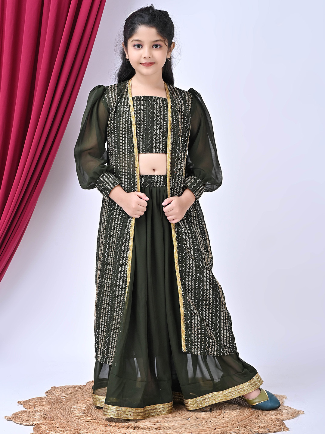 SPAMitude Girls Embroidered Jacket Set With Embroidered Blouse And Palazzo Pants