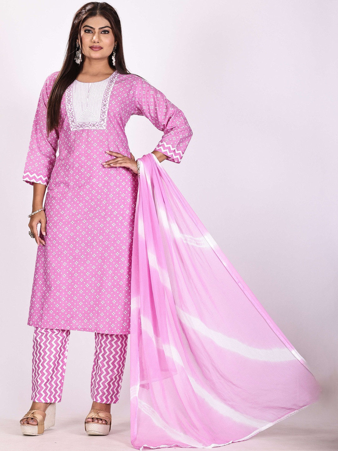 ROSHNI Women Ethnic Motifs Printed Round Neck Thread Work Pure Cotton Regular Kurta With Trousers & Dupatta
