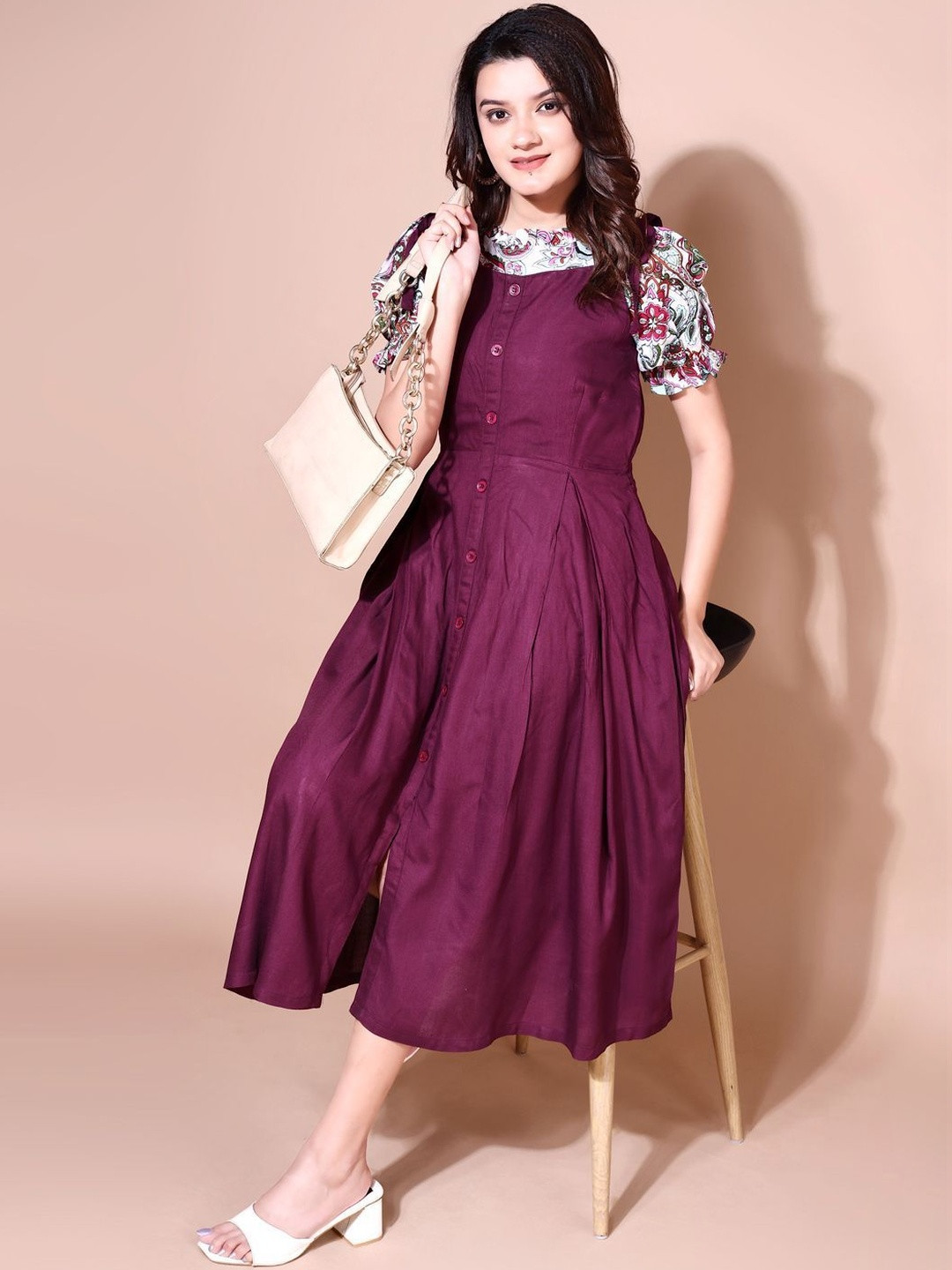 LAZZLY Colourblocked Puff Sleeve Pinafore Midi Dress