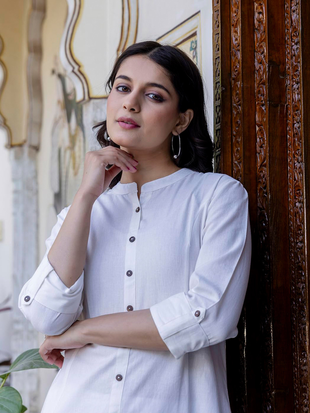 Pistaa Mandarin Collar Pure Cotton A-Line Kurta With Palazzos