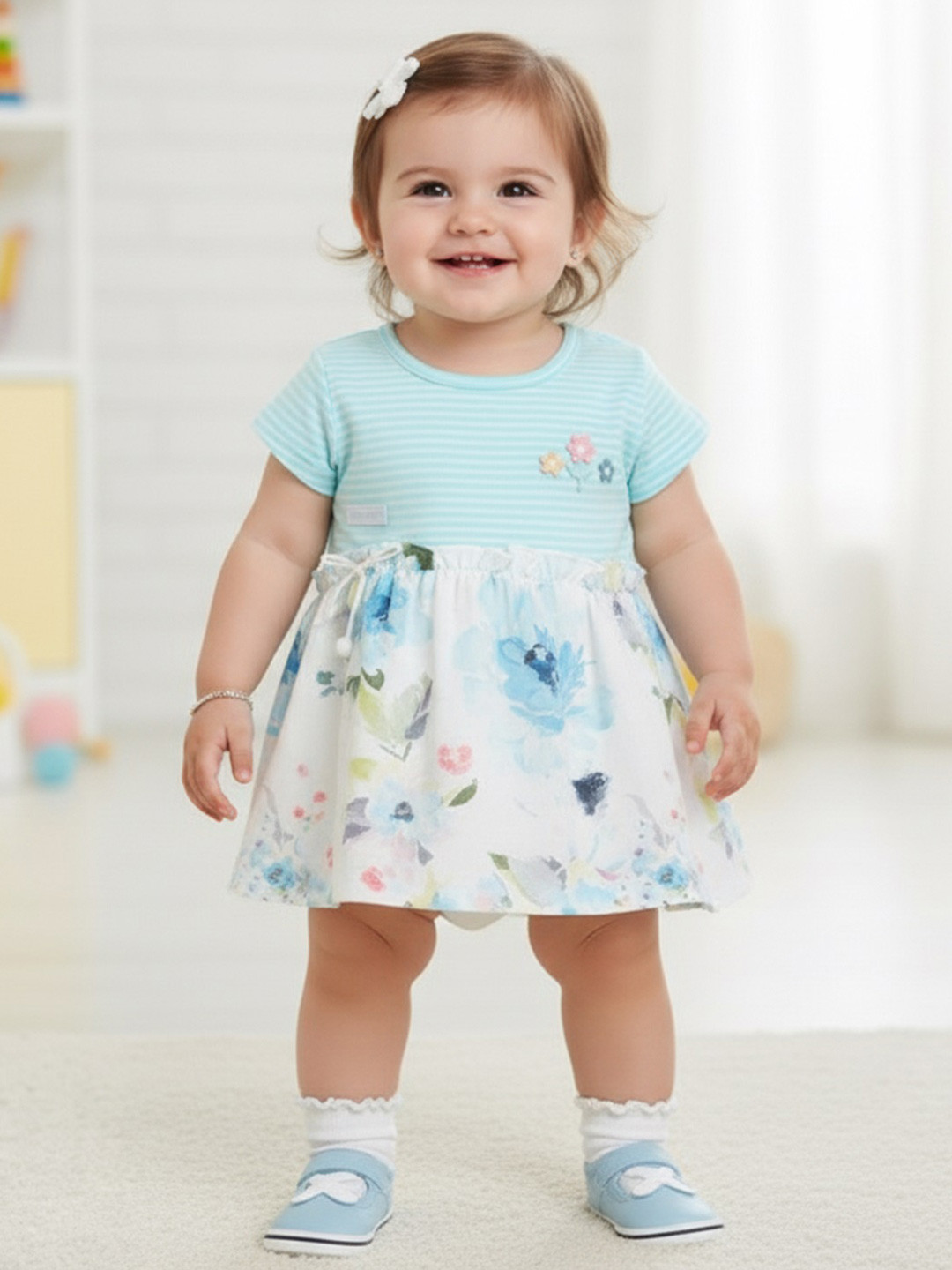 KIKO Girls Floral Printed Pure Cotton Fit & Flare Dress