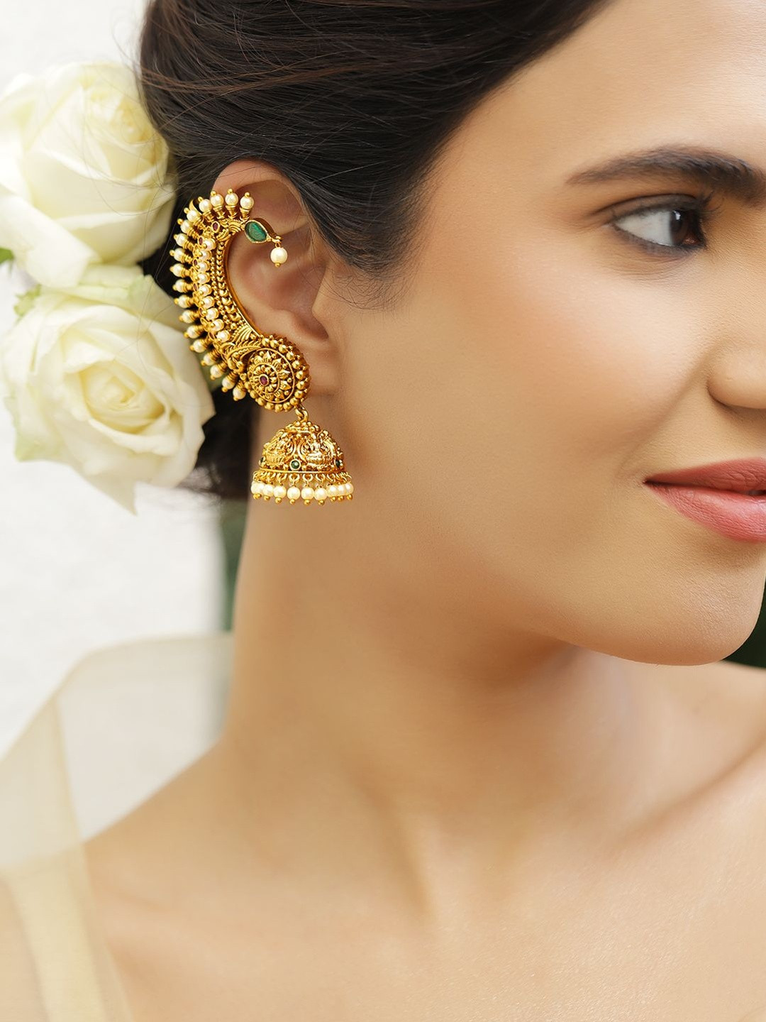 Rubans 24K Gold-Plated Brass Ruby Red, Green & White Pearl Temple Earcuff Jhumka Earrings
