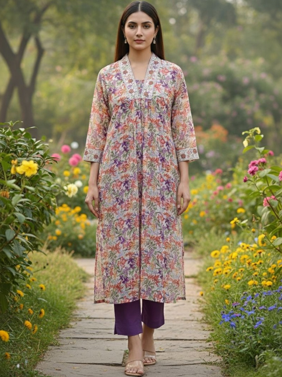 Santati Women Floral Printed Regular Thread Work Kurta with Trousers