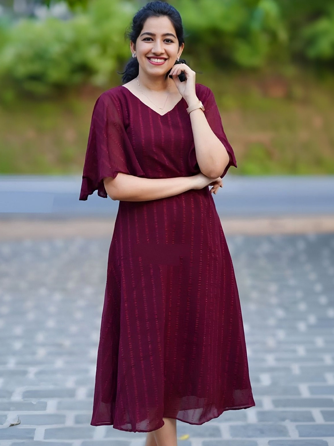 LAZZLY Flutter Sleeve Layered Georgette A-Line Midi Dress