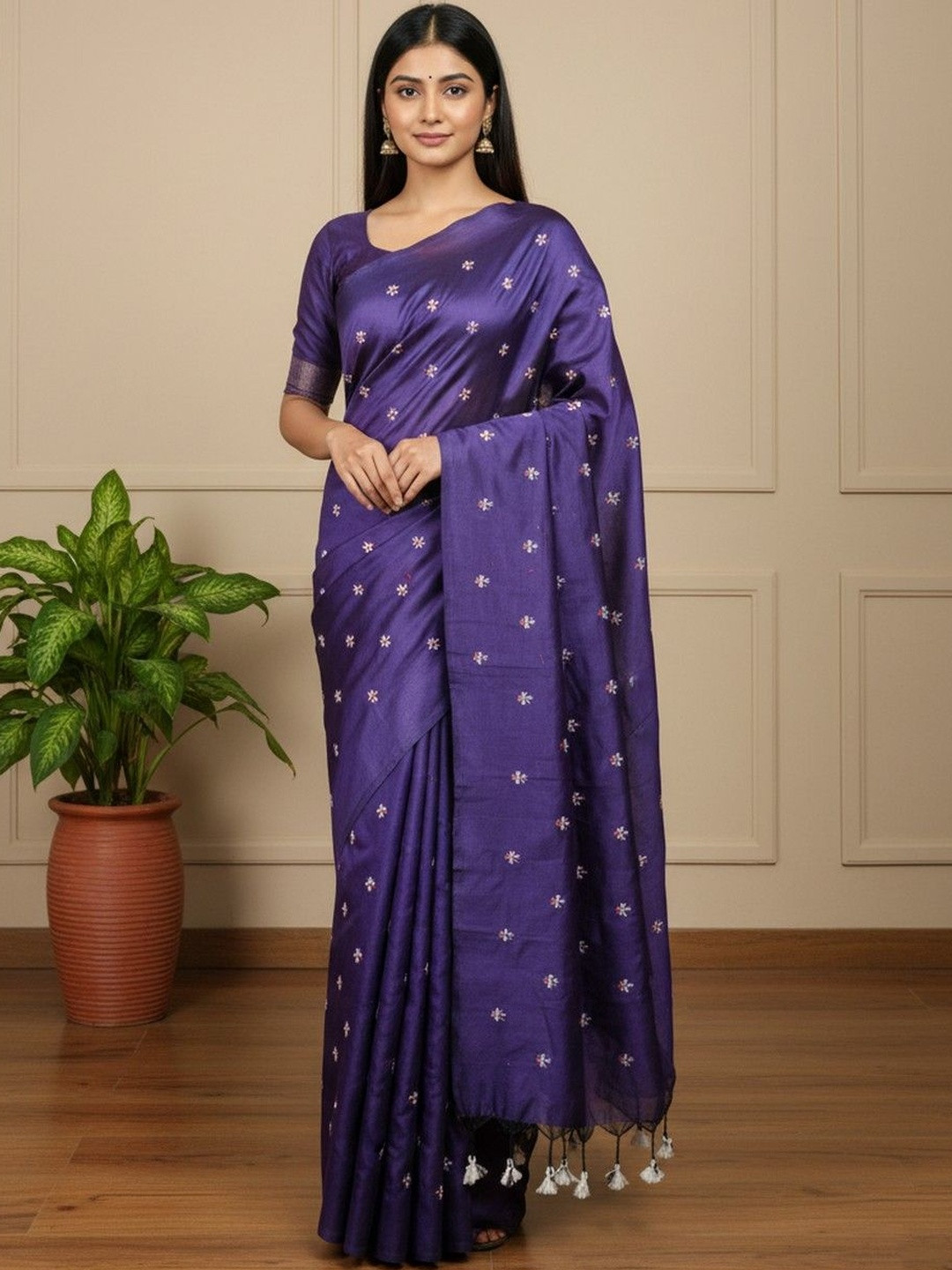 Brynbrit Ethnic Motifs Embroidered Pure Cotton Khadi Saree