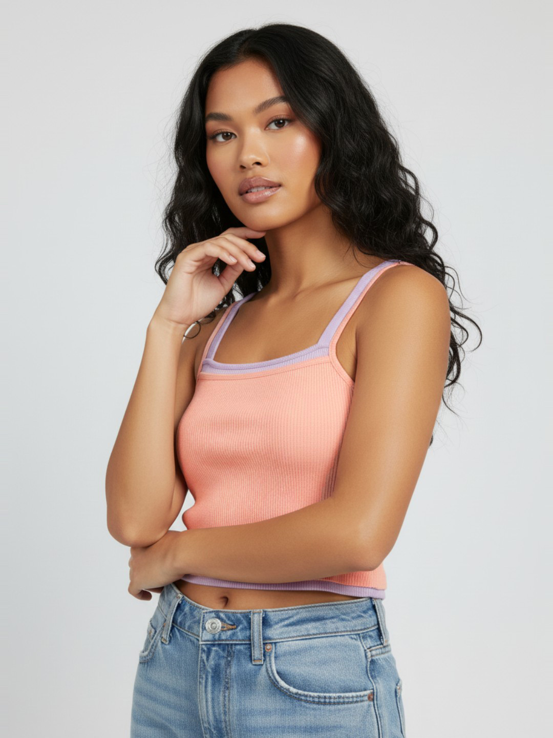 glitchez Ribbed Shoulder Straps Layered Effect Crop Camisole Top