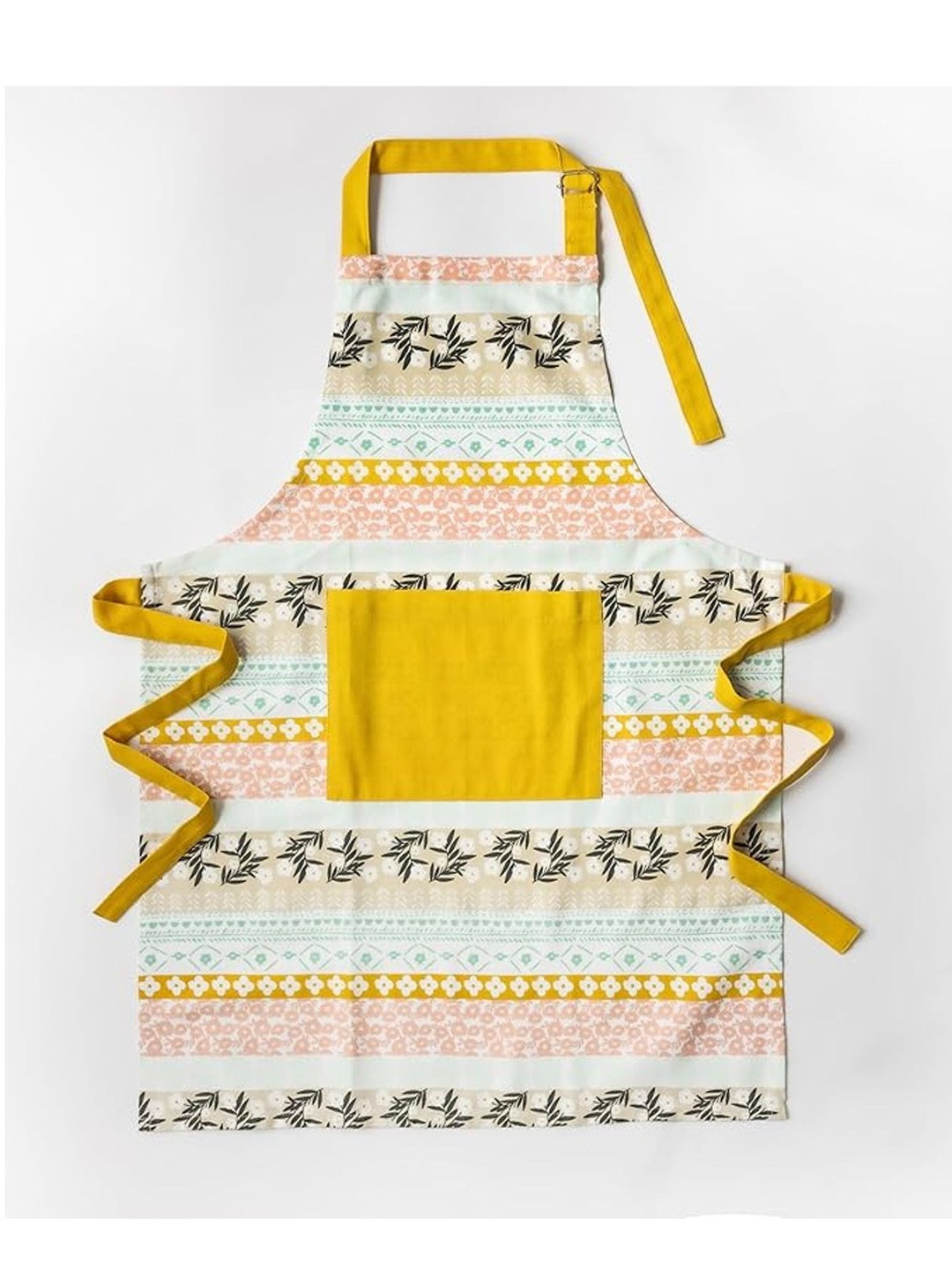 PIXEL HOME Yellow Printed Cotton Apron Adjustable Neck Strap & Ties With Center Pocket