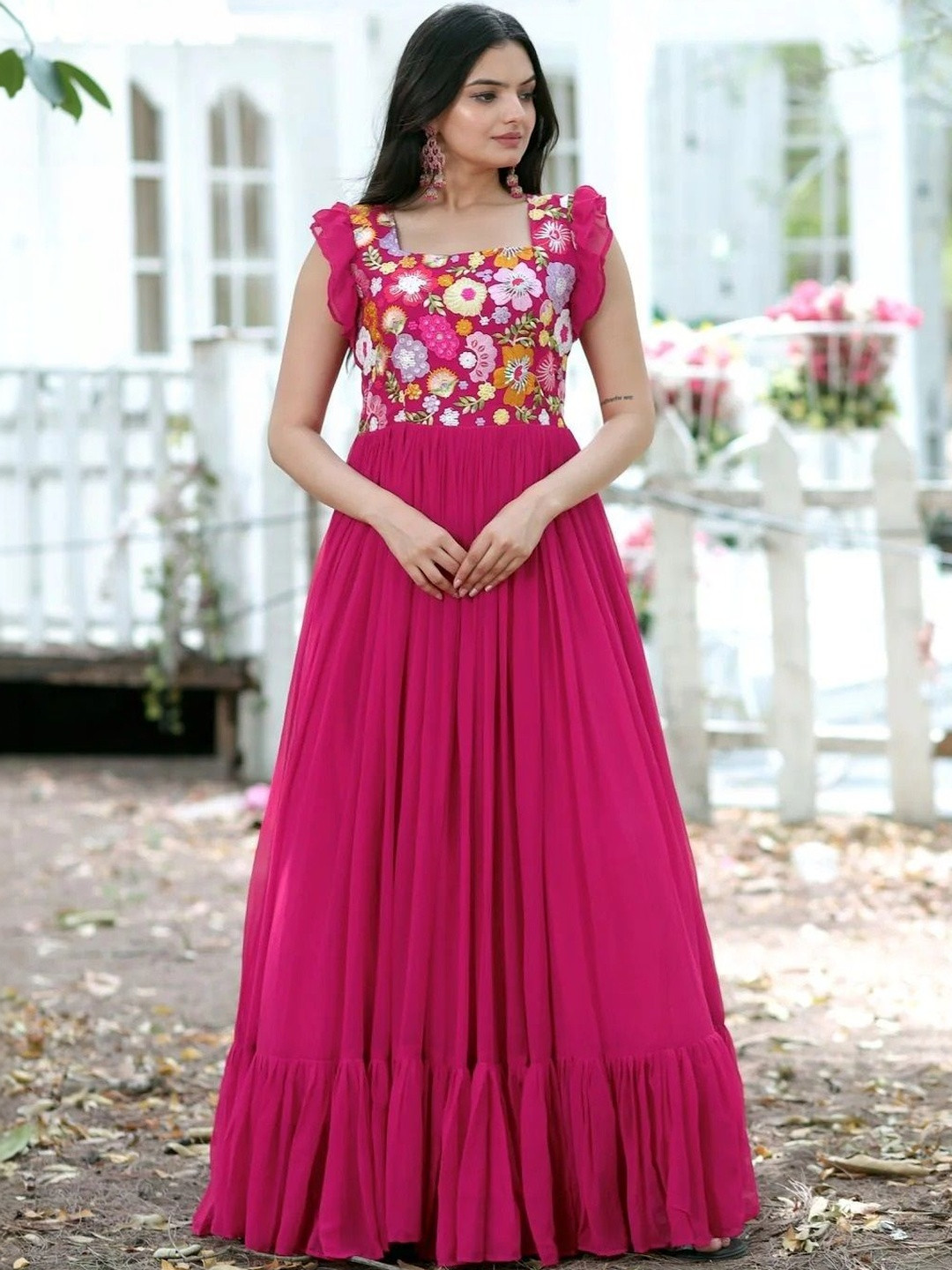 LAZZLY Floral Embroidered Flutter Sleeves Georgette Fit & Flare Maxi Dress