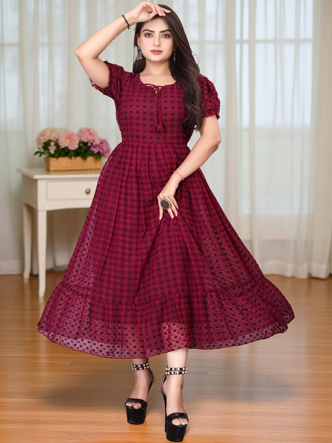 QENA Polka Dot Print Puff Sleeve Georgette Fit & Flare Midi Dress