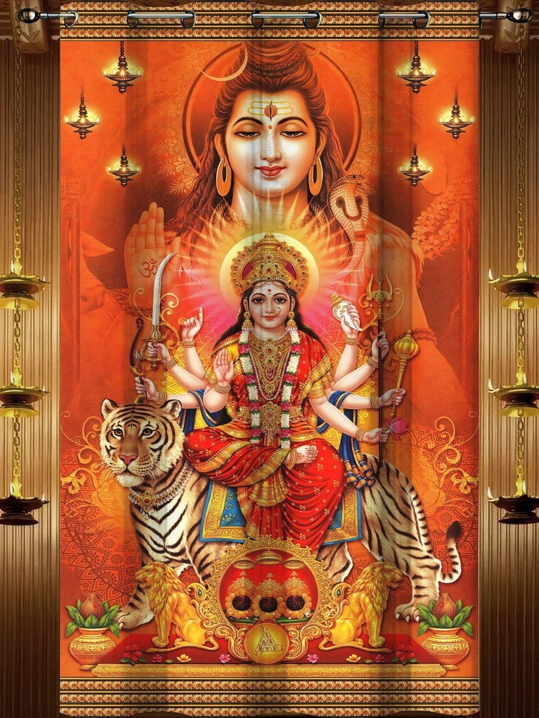 Aura 7 Feet Maa Durga Golden Idol Printed Curtains