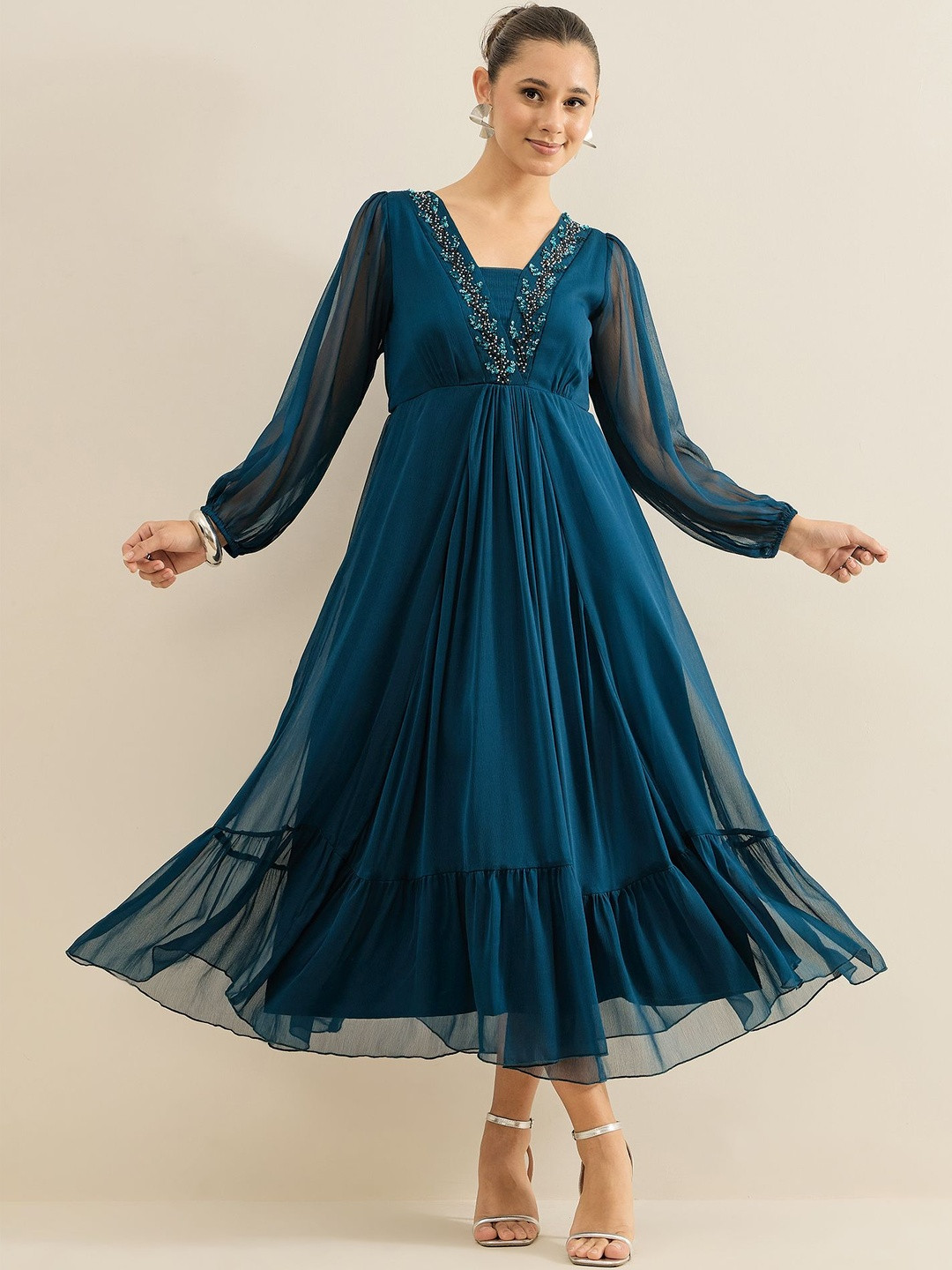 Antheaa Embellished Chiffon Fit & Flare Midi Dress