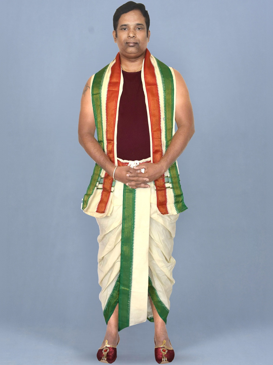 TUNI MANI Men Padayappa Mayilkan Border Readymade Panchakacham Cotton Dhotis