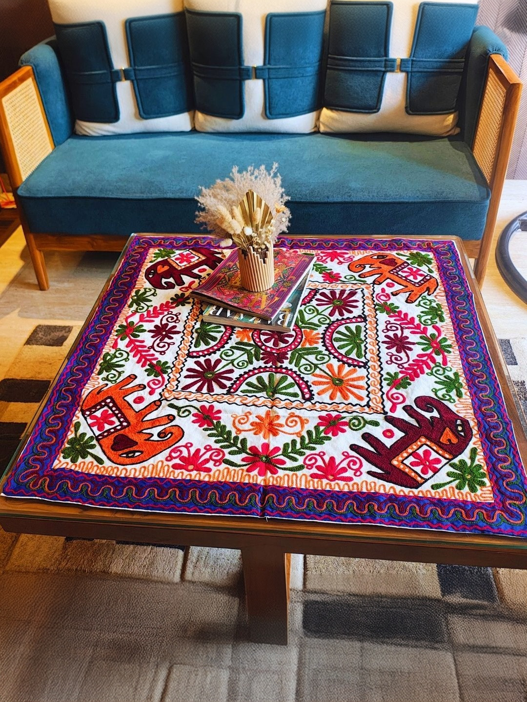 TheYUGO Ethnic Motifs Kutch Embroidery Cotton 4-Seater Table Top Cover