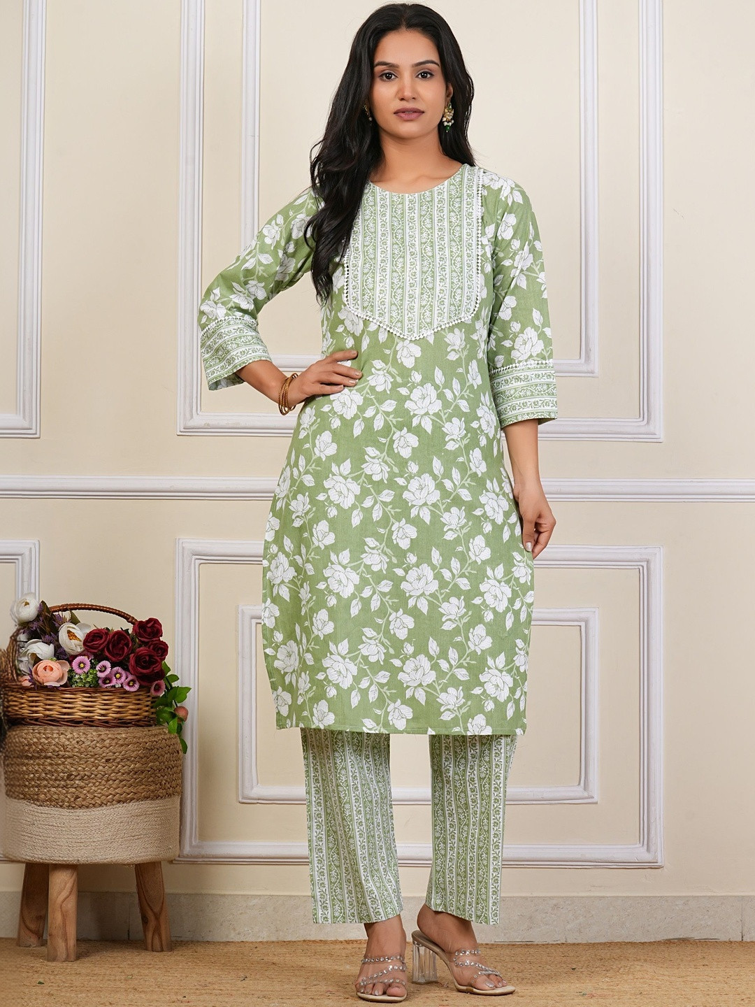 Kahili Art Women Floral Printed Regular Pure Cotton Kurta with Trousers & With Dupatta