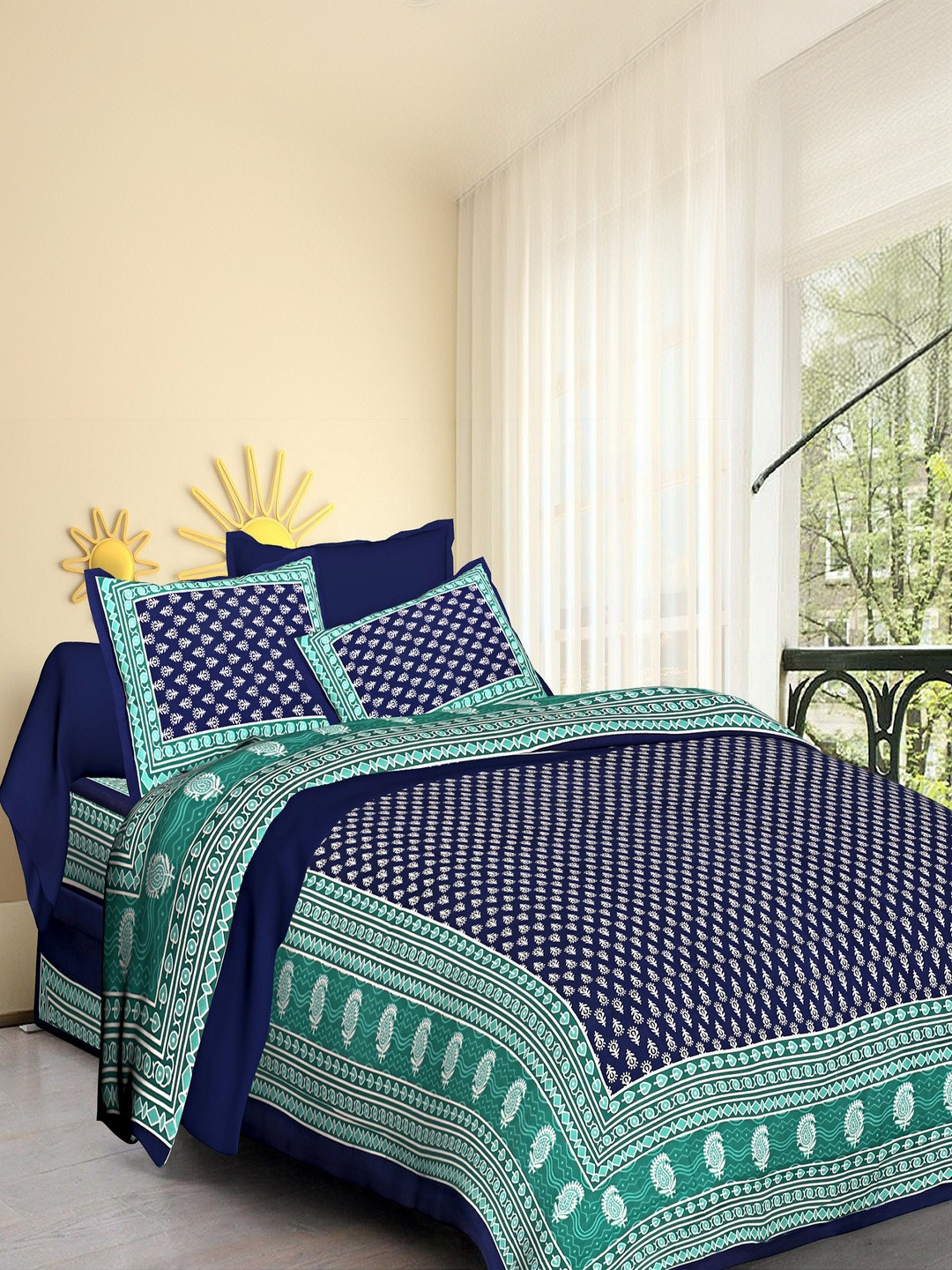 KD PRINTS Navy Blue & White Ethnic Motifs 180 TC King Bedsheet with 2 Pillow Covers