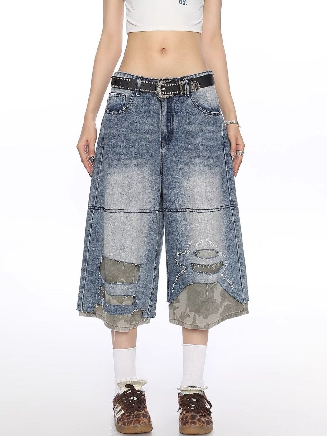 StyleCast Women Loose Fit Denim Shorts with Camouflage Detail