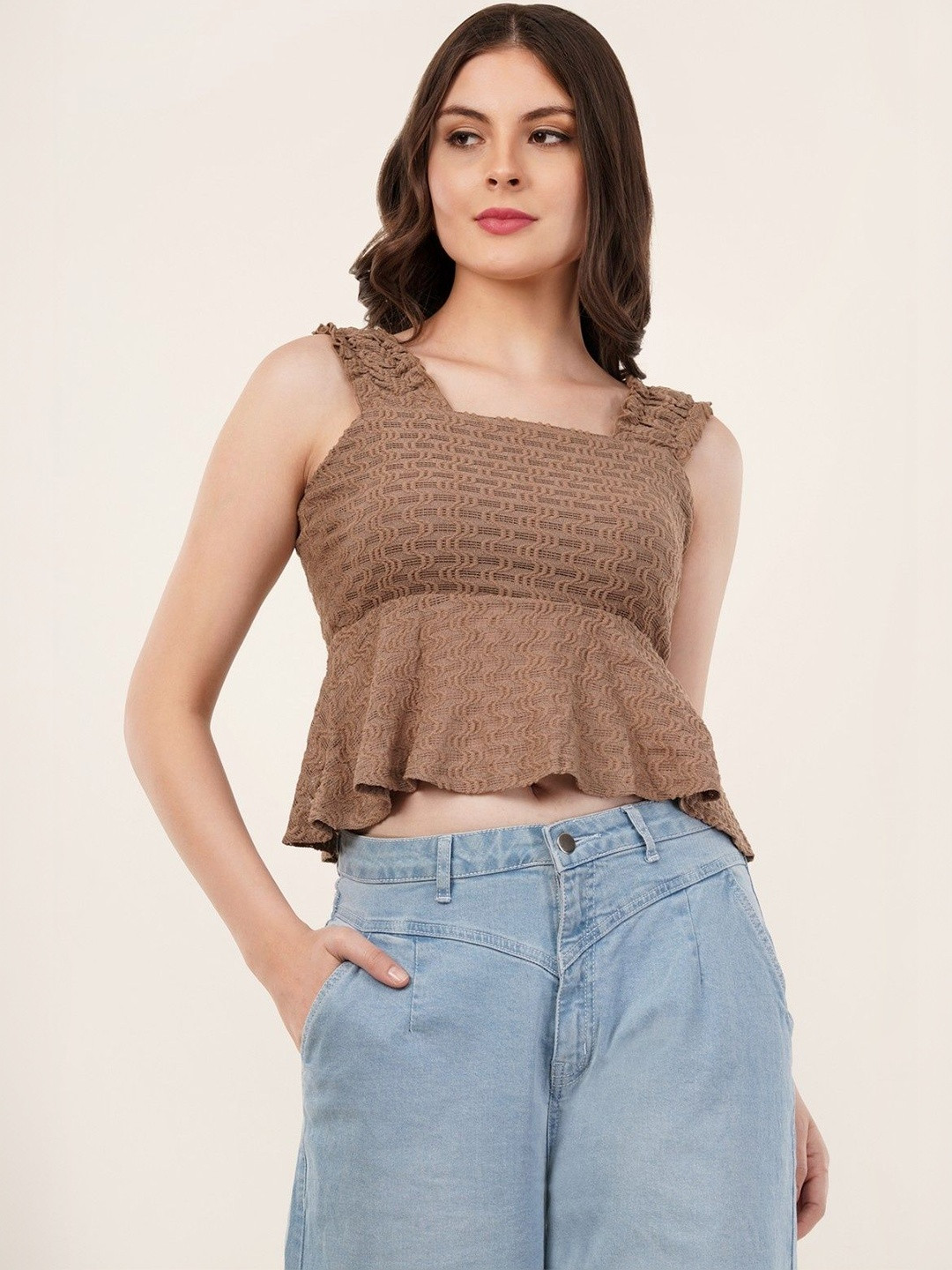 Deshi Girl Smocked Net Peplum Crop Top