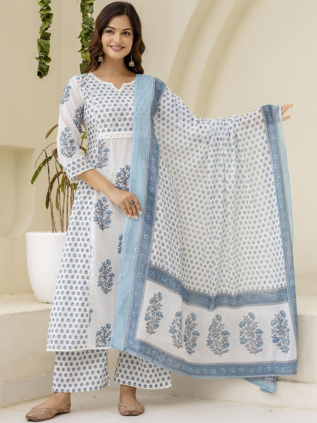 Colorvibes Women Floral Printed Panelled Thread Work Pure Cotton Kurta with Palazzos & With Dupatta