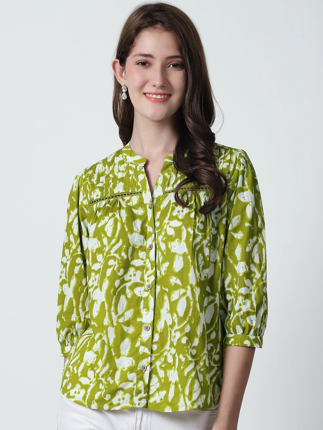 Feel Clath Print Mandarin Collar Cotton Top