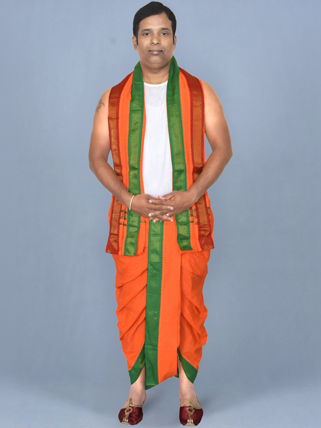 TUNI MANI Men Orange Cotton Dhotis With Mayilkan Border Readymade Panchakacham