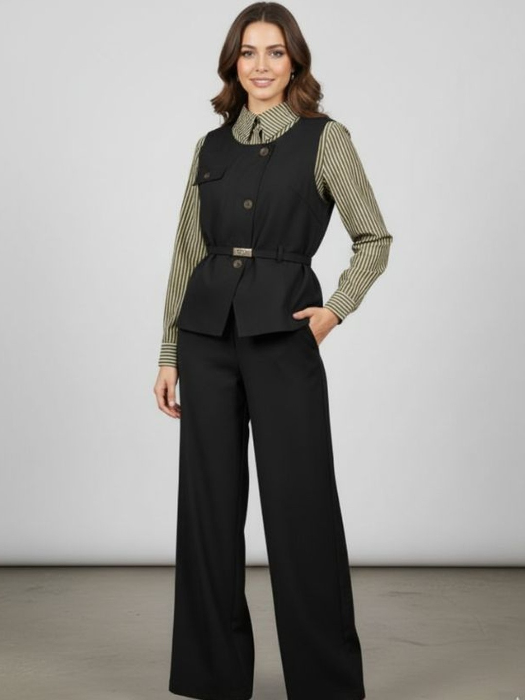 MARC LOUIS Striped Shirt Waistcoat With Trousers Co-Ords