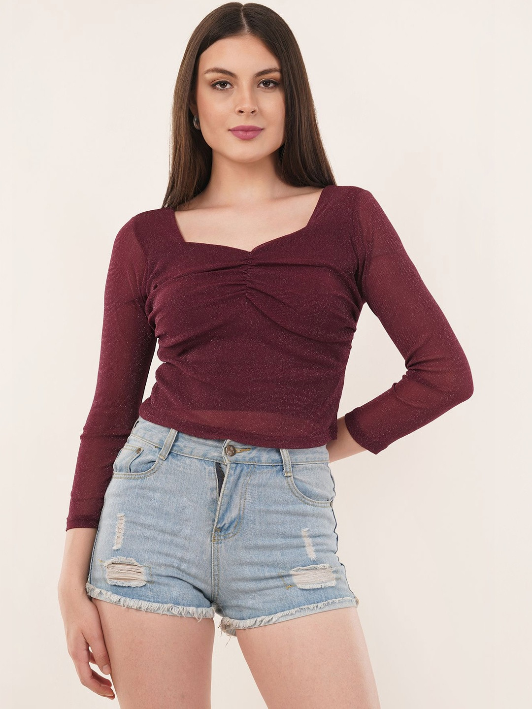 Deshi Girl Sweetheart Neck Net Crop Top