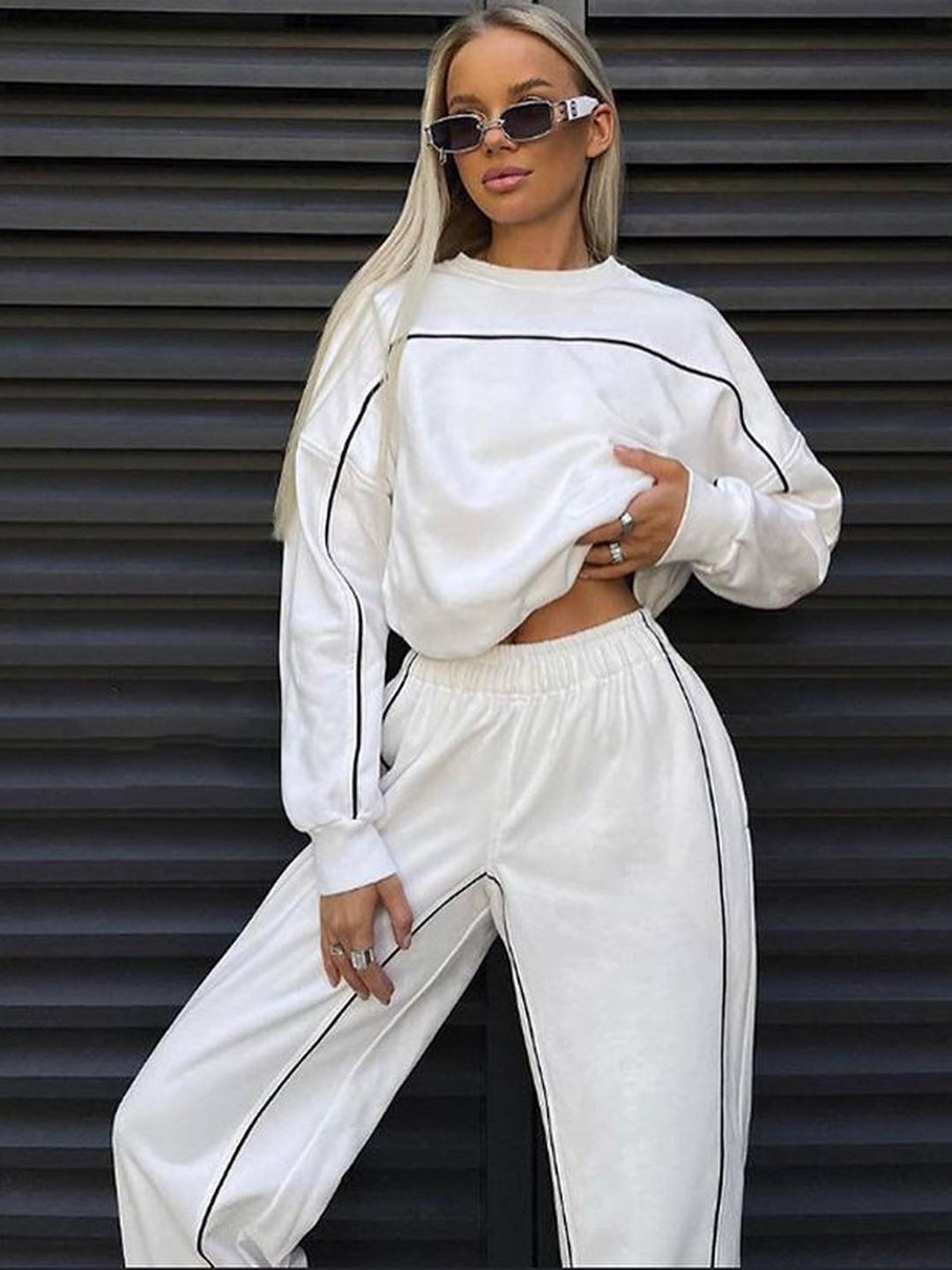 Mast & Harbour Stripe-Detail Round Neck Top & Trousers Co-Ord Set
