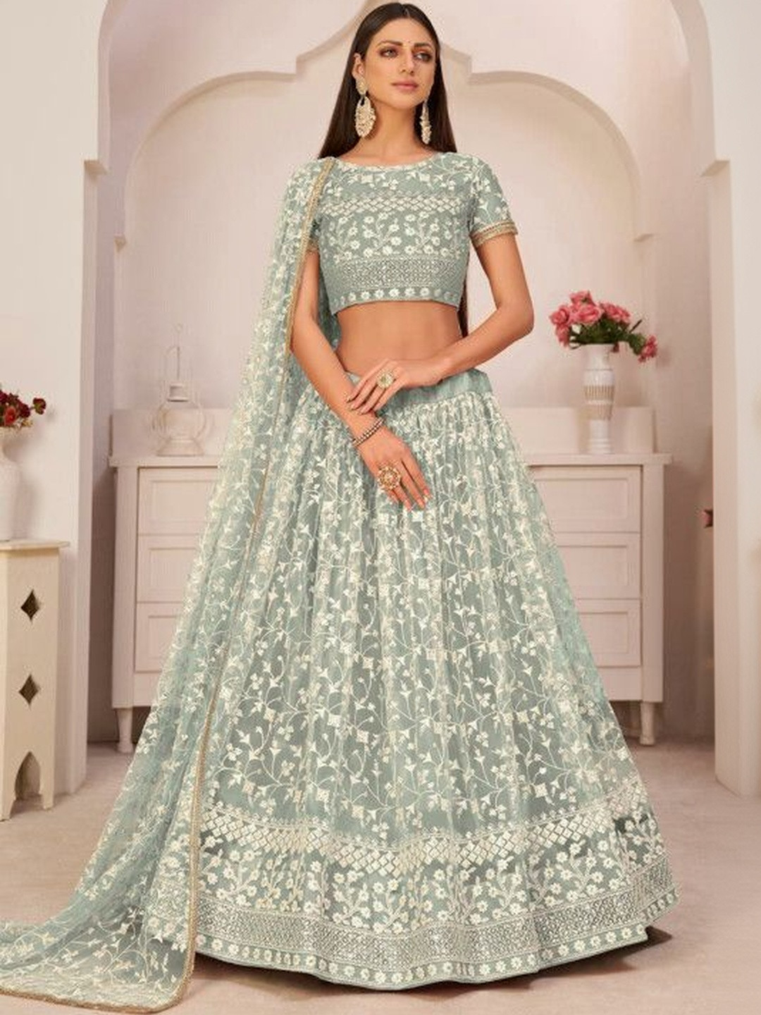 JIHU CULTURE Women Embroidered Thread Work Semi-Stitched Lehenga & Blouse With Dupatta