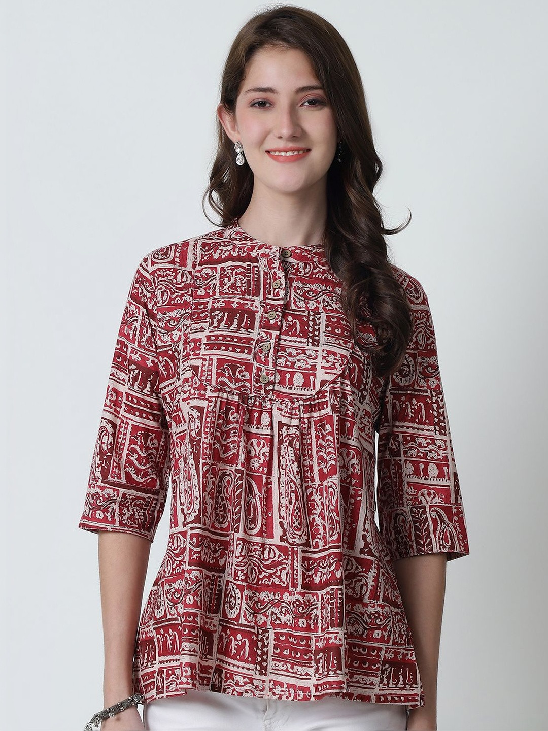 Feel Clath Print Mandarin Collar Ethnic Cotton Top