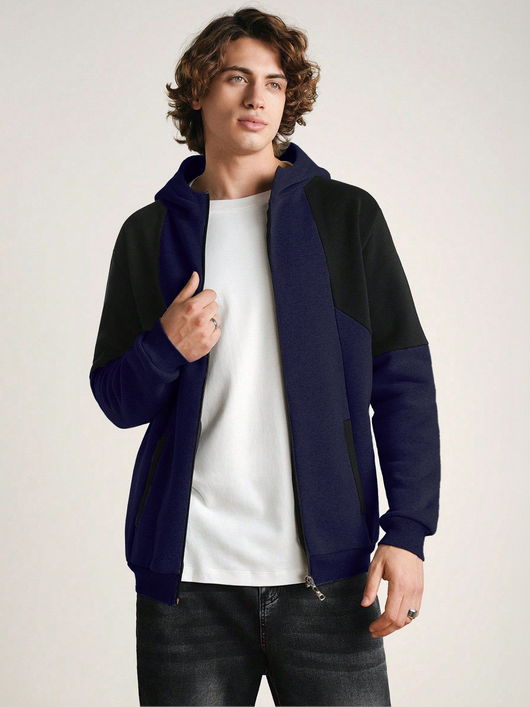 R.Code by The Roadster Life Co. Men Colourblocked Fleece Lightweight Outdoor Open Front Jacket