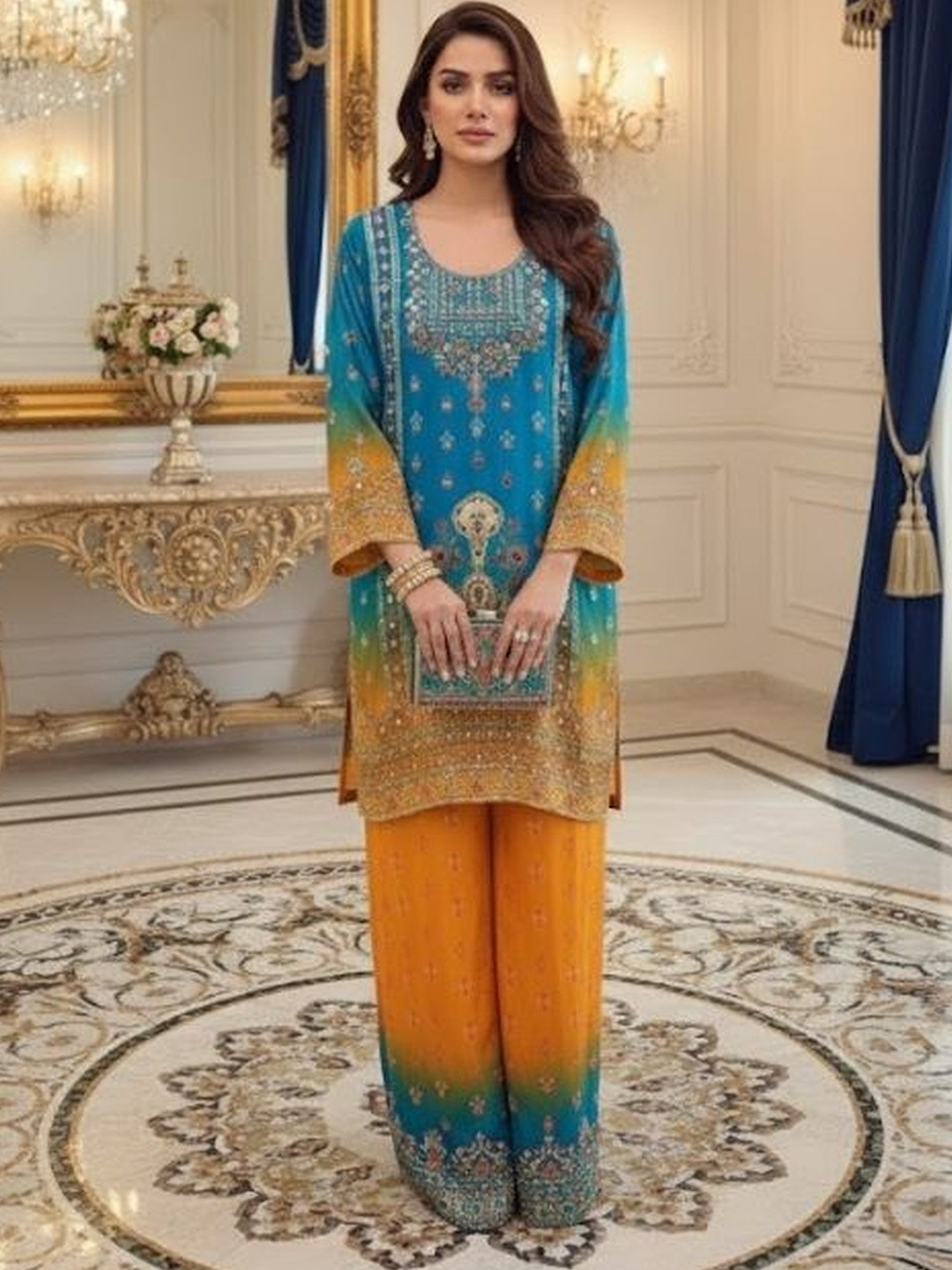 MARC LOUIS Embroidered Scoop Neck Tunic & Trousers Co-Ords