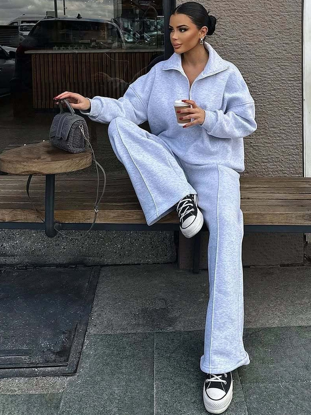 Mast & Harbour Spread Collar Sweatshirt With Trousers Co-Ords Set