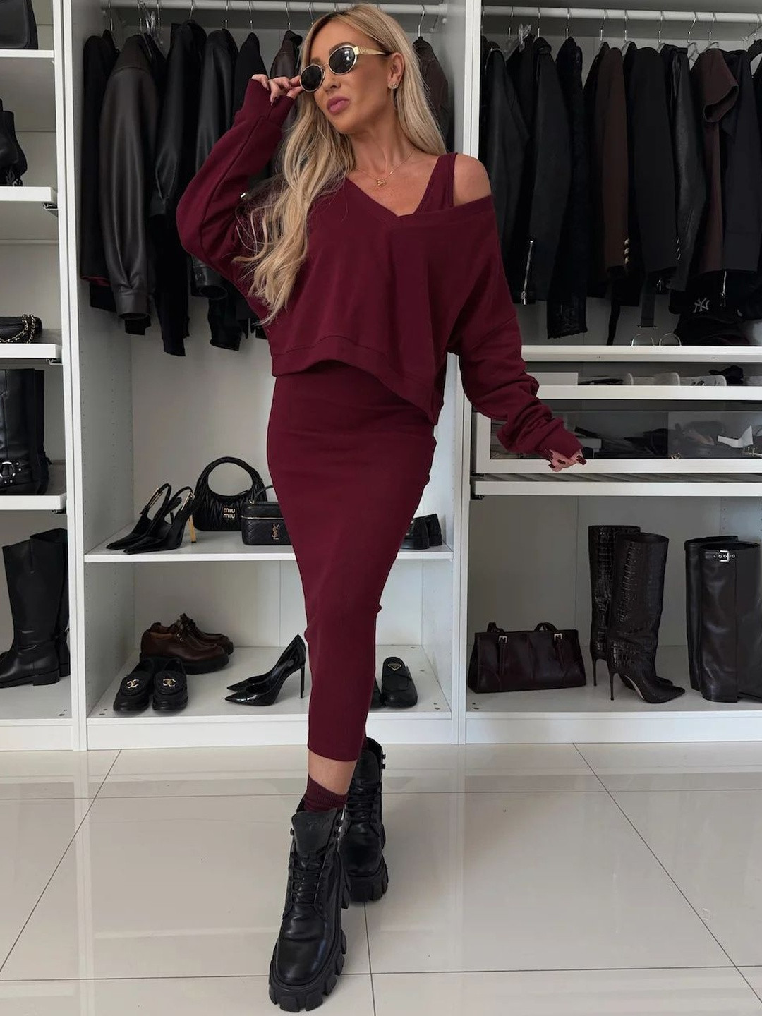 Mast & Harbour V-Neck Bodycon Midi Dress With Sweatshirt