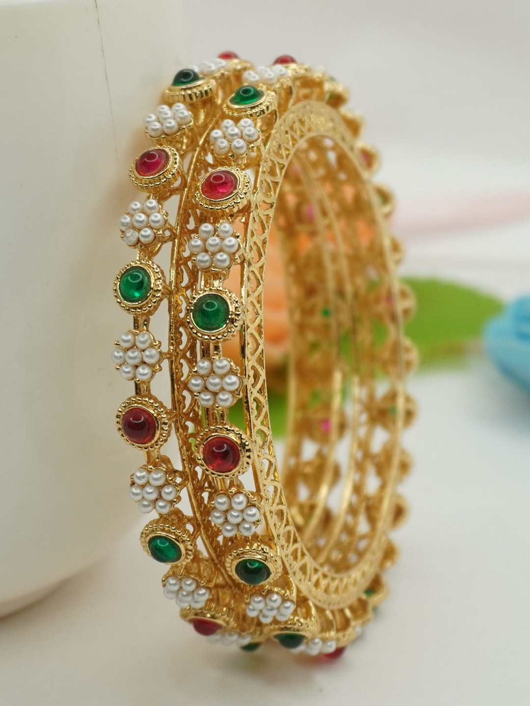 Panini jewels Set of 2 Gold-Plated Stones & Beaded Bangles