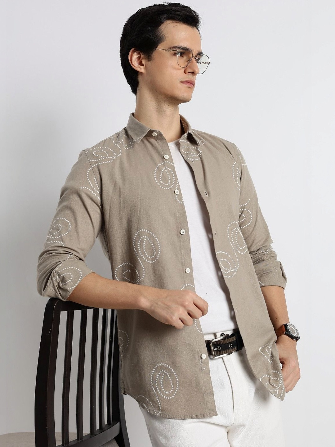 Blu MNKY Slim Fit Long Sleeves Printed Grey Casual Cotton Linen Shirt for Men