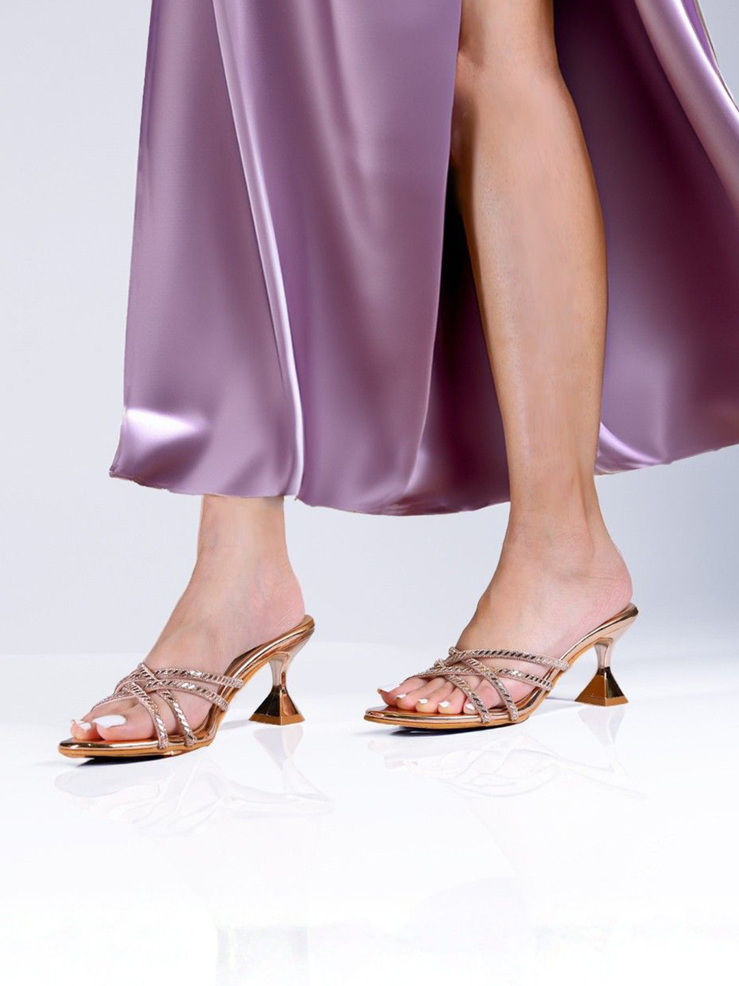 Monrow Women Gold Solena Embellished Open Toe Kitten Heels