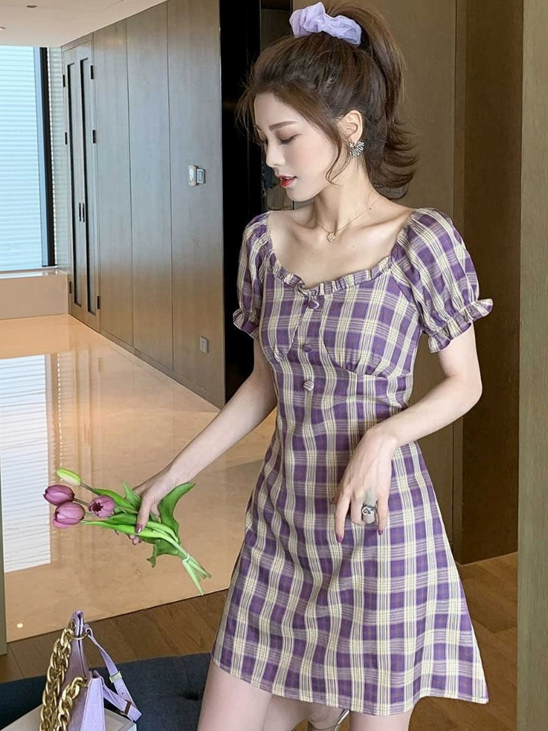 StyleCast Checked Puff Sleeve A-Line Dress