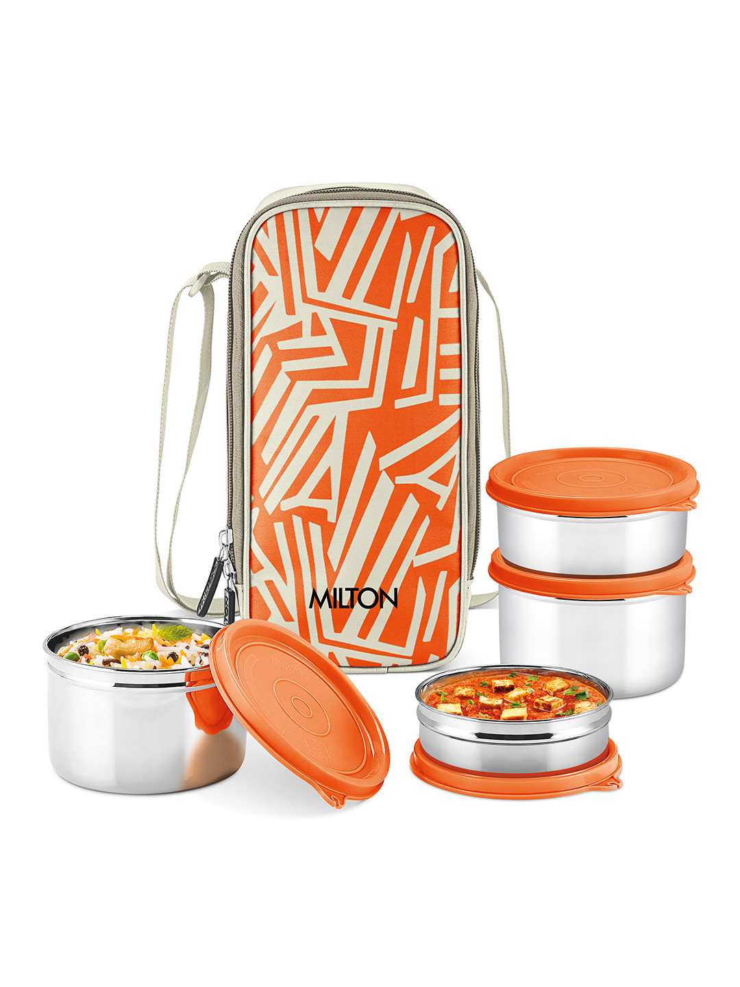 Milton Orange & Silver Stainless Steel Striped Dishwasher And Microwave Safe Lunch Box