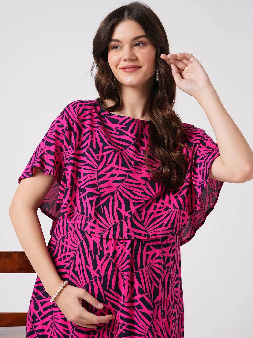 Mystere Paris Tropical Print Batwing Sleeve Maternity Kaftan Maxi Dress