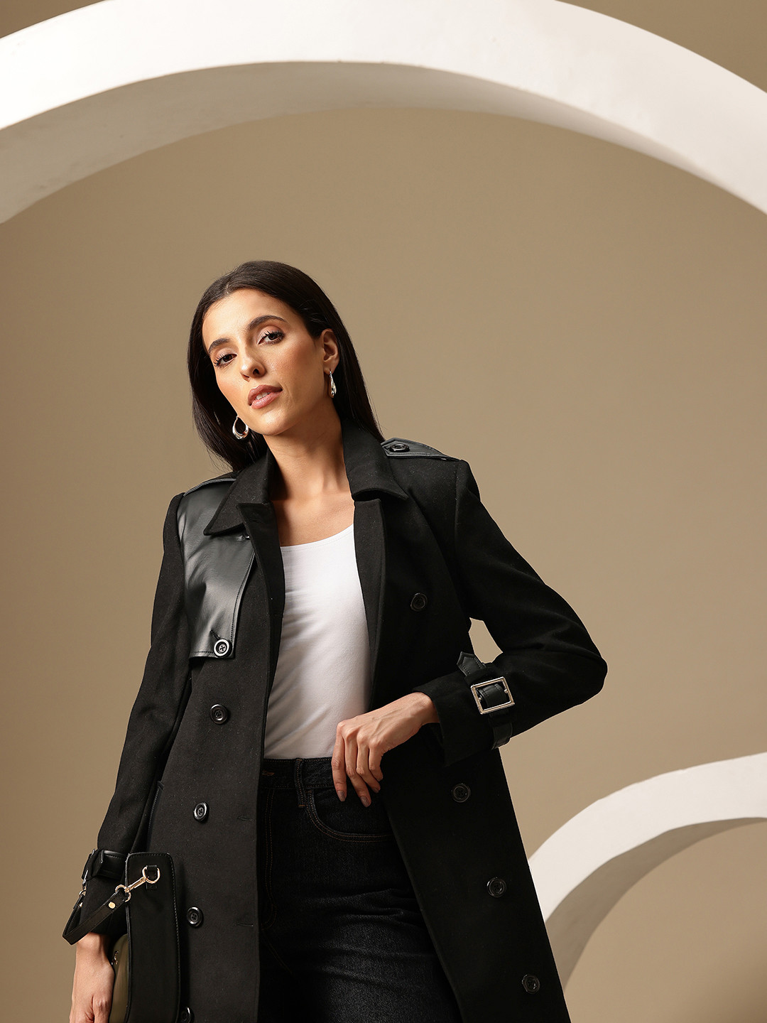 all about you Double Breasted Knee Length Overcoat with Detachable Faux Leather Belt