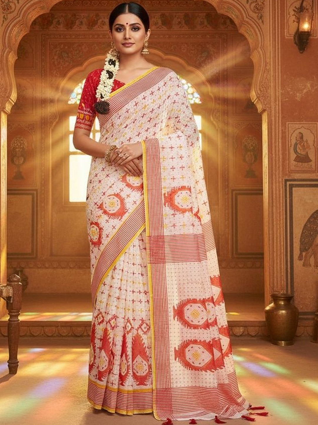 Moda Rapido Ethnic Motifs Linen Blend Saree