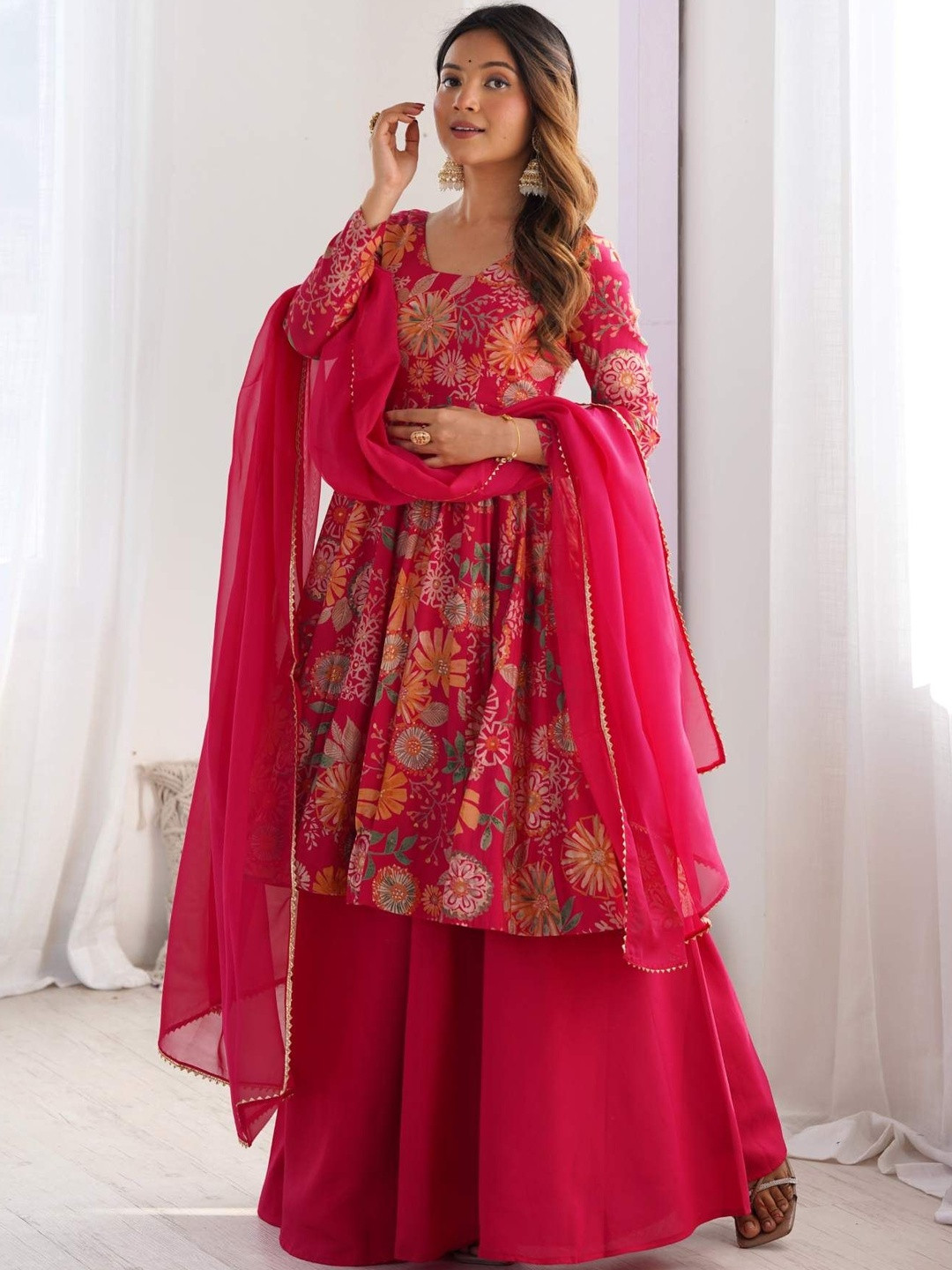 RITIRANG Women Floral Printed Tiered Chanderi Silk Kurta with Palazzos & With Dupatta