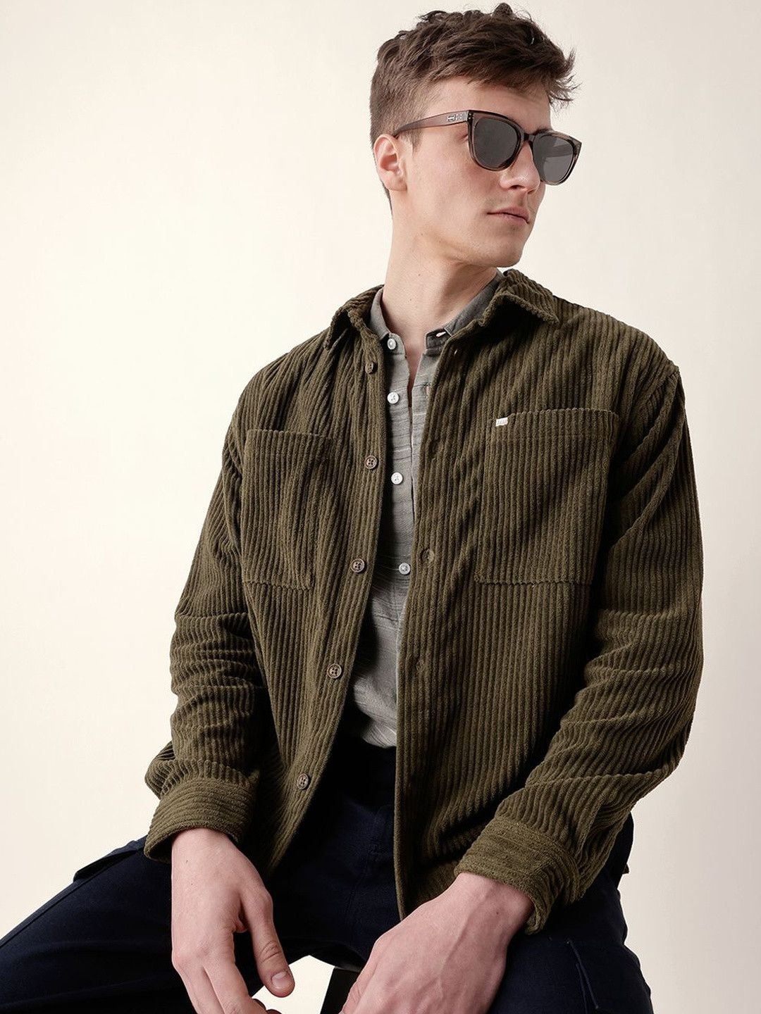 THE BEAR HOUSE Men Oversize Fit Corduroy Casual Shirts