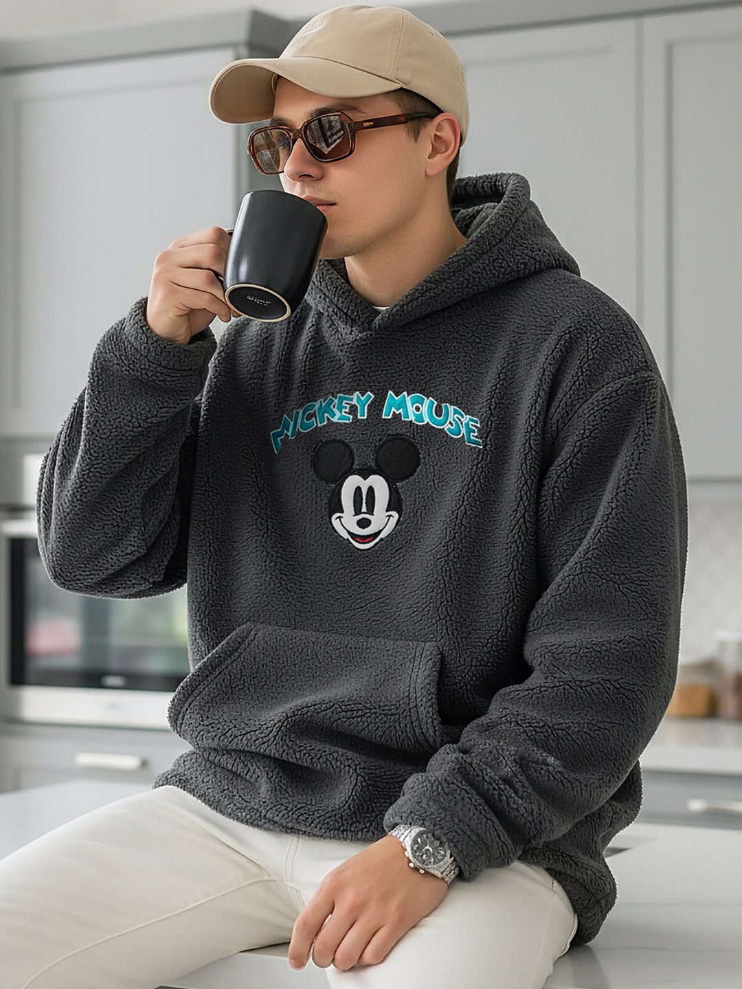 Bewakoof Grey Mickey Mouse Printed Hooded Oversized Pullover Sweatshirt