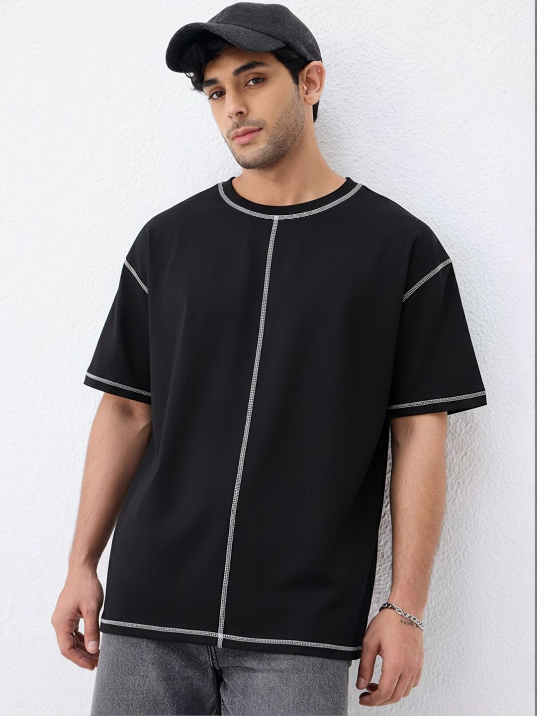 Crazymonk Plain Center Thread Cotton Round Neck Short Sleeves Oversized T-shirt