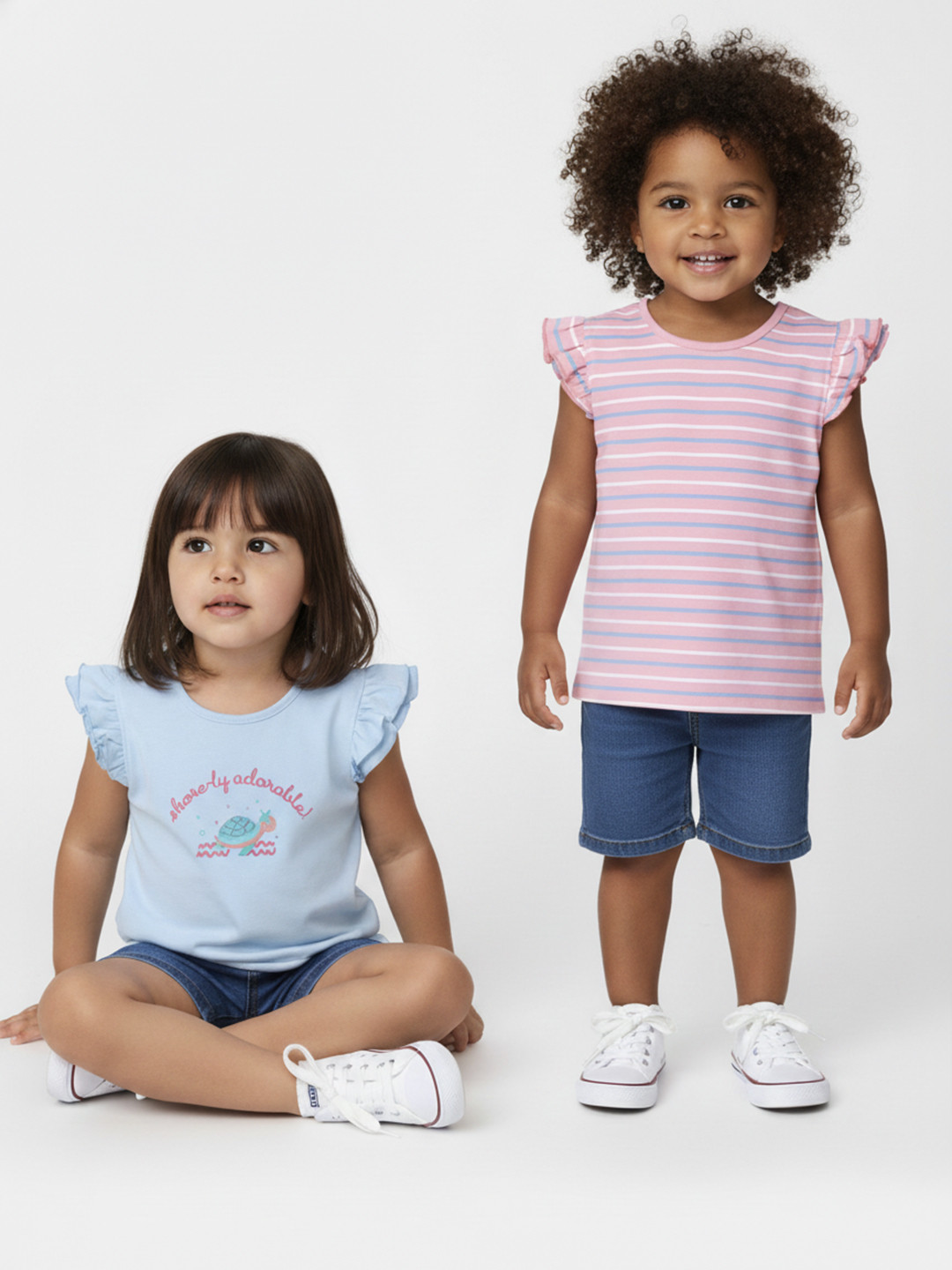 Nauti Nati Girls Printed Blue Pack of 2 Striped Cotton Top