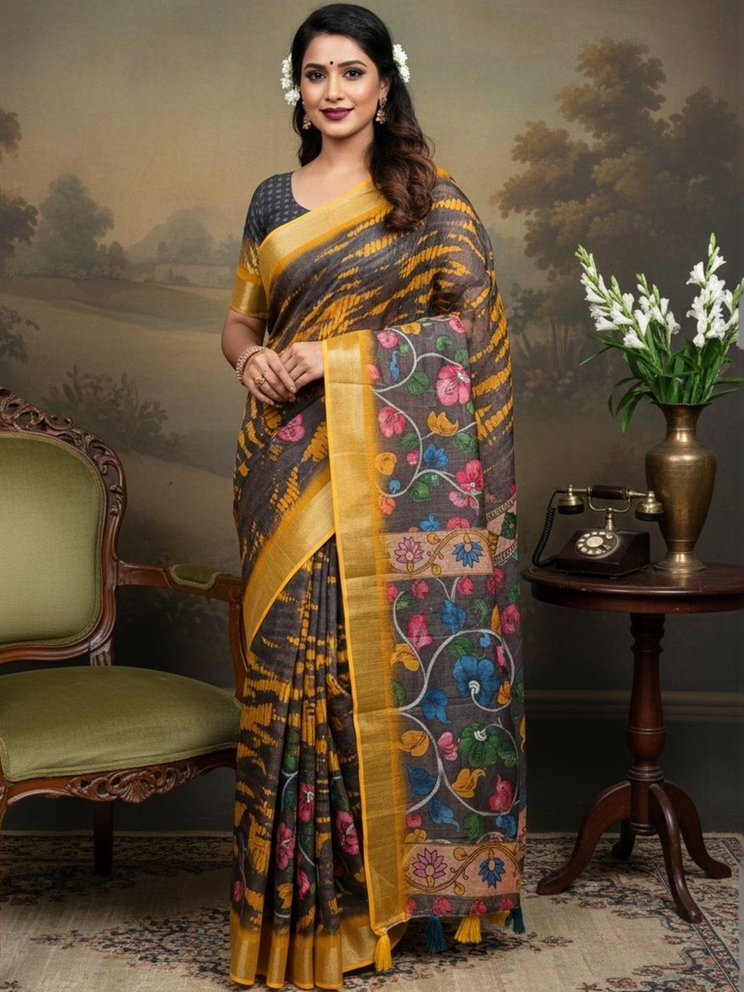 Moda Rapido Floral Linen Blend Saree